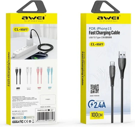 Καλώδιο USB-C male - USB-A 60W Μαύρο 1m Awei USB 2.0 