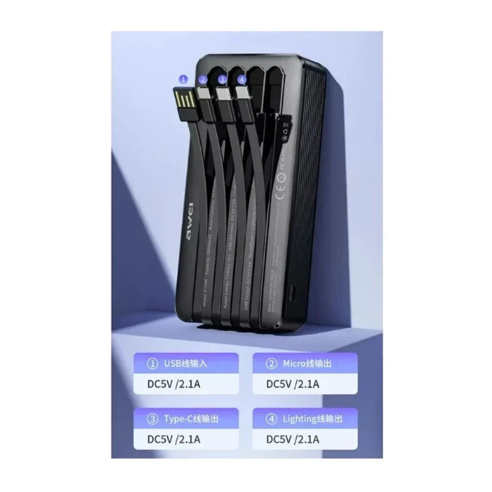 Awei Power Bank 20000mAh με Ενσωματωμένα καλώδια