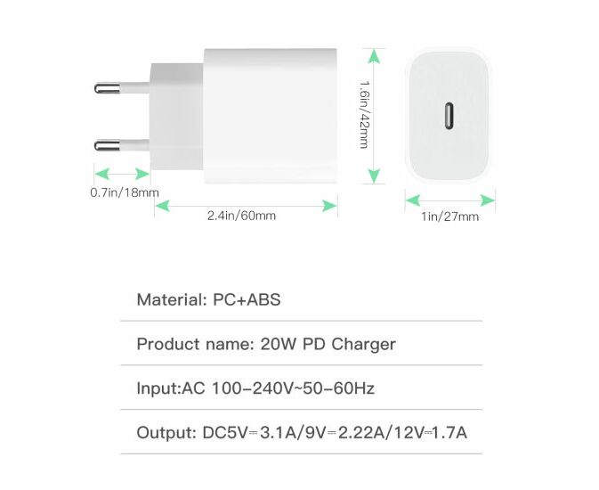 Qihang Φορτιστής Και Καλώδιο USB-C Σε Lightning 20w, Λευκό