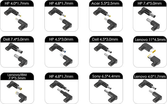 POWERTECH PT-1256 μαύρος φορτιστής laptop με 12 βύσματα, USB-C PD, 90W
