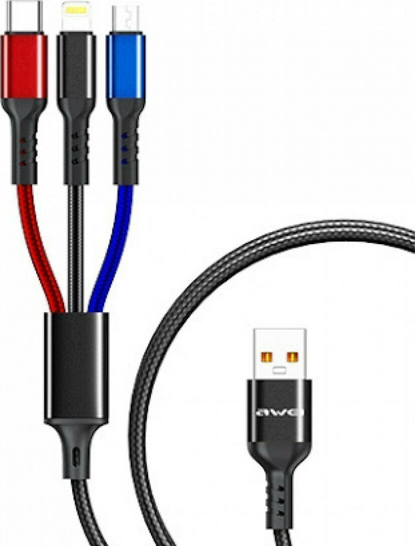 Awei Καλώδιο USB Σε Lightning Type-C Μicro USB Μαύρο 1.2m