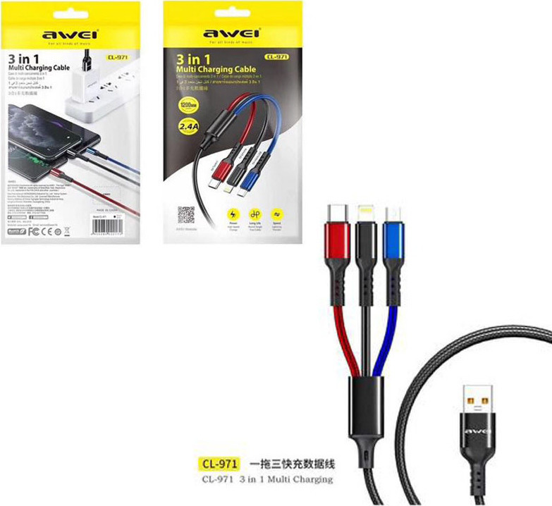 Awei Καλώδιο USB Σε Lightning Type-C Μicro USB Μαύρο 1.2m